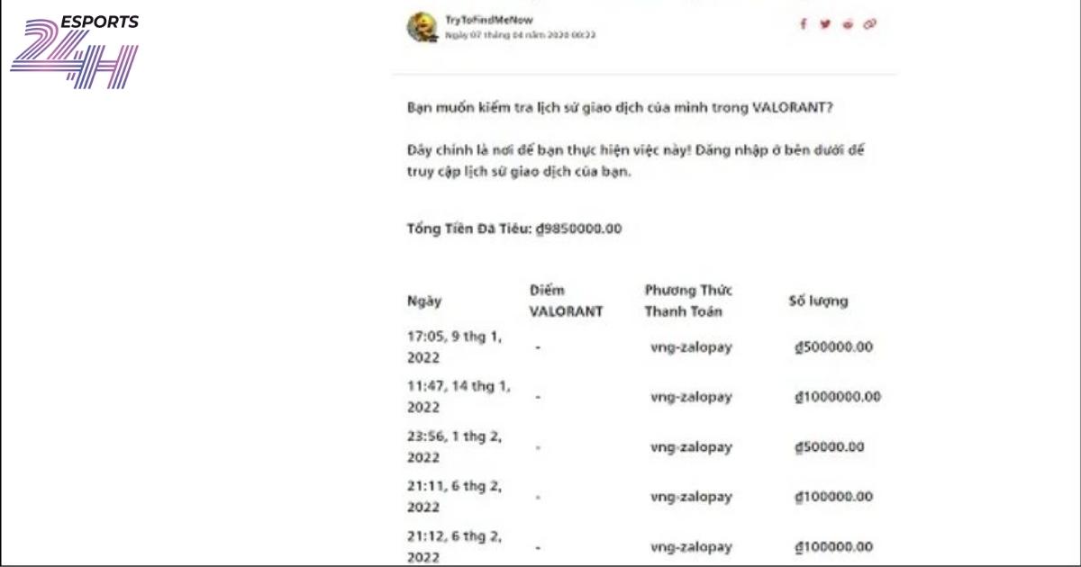 Lịch sử nạp Valorant: Cách kiểm tra giao dịch VP đã nạp nhanh nhất 2 Những thông tin lịch sử nạp Valorant hiển thị