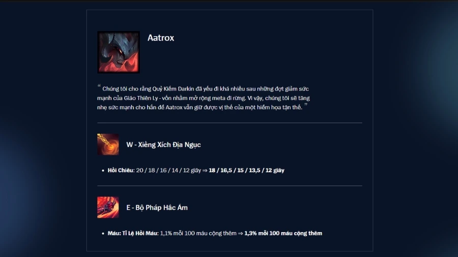 Chi tiết bản cập nhật LMHT 26.19: Aatrox hồi sinh, Nasus lên thớt 1 Aatrox giảm hồi chiêu W và tăng hồi phục từ E