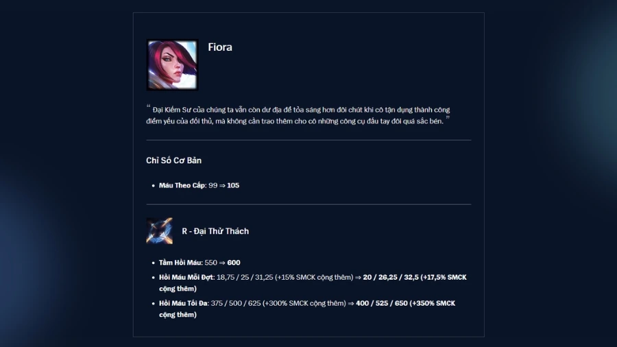 Chi tiết bản cập nhật LMHT 26.19: Aatrox hồi sinh, Nasus lên thớt 4 Fiora được tăng chỉ số máu và tăng hồi phục mạnh vào cuối trận