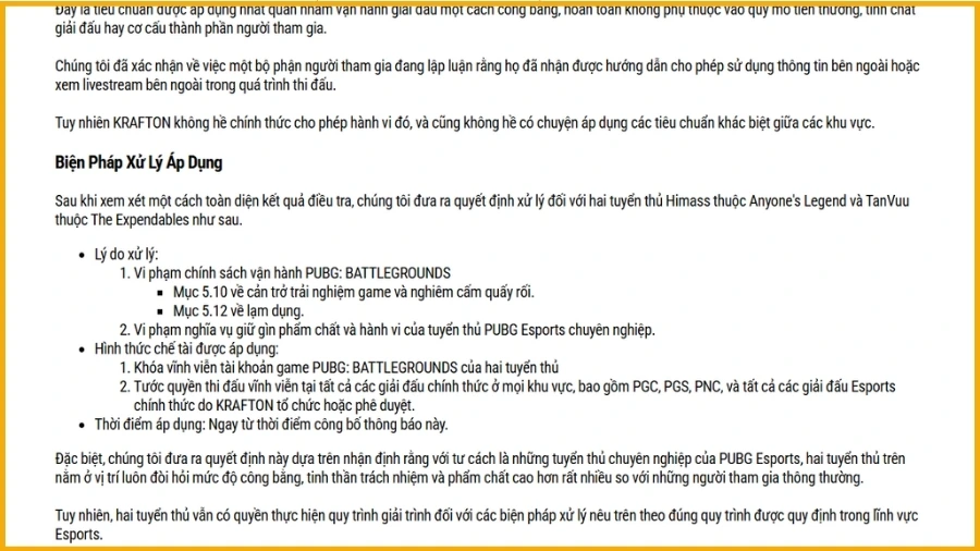 Krafton công bố án phạt xóa tài khoản và tước quyền thi đấu vĩnh viễn đối với Himass, TanVuu 3 Himass và Tanvuu bị xóa tài khoản và tước quyền thi đấu vĩnh viễn khỏi các giải đầu PUBG